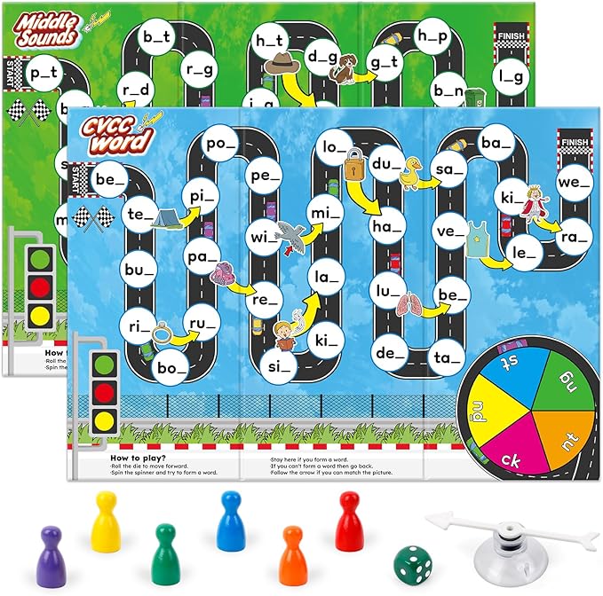 Phonics Board Games for Kids,Educational Learning CVC and CVCC Board Games for Boys and Girls,Reading and Spelling Word Games Ages 4 5 6,Classroom Travel Indoor Outdoor Family Games