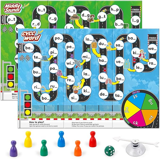 Phonics Board Games for Kids,Educational Learning CVC and CVCC Board Games for Boys and Girls,Reading and Spelling Word Games Ages 4 5 6,Classroom Travel Indoor Outdoor Family Games
