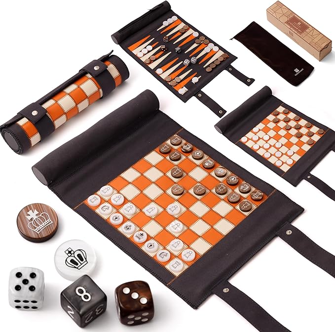 Woodronic 3 in 1 Travel Chess Checkers Backgammon Set, Roll-up Leather Backgammon Game Set with 32 Pearl Textured Pieces and 5 Dices, Portable Travel Strategy Board Game Set for Adult, Navy Blue