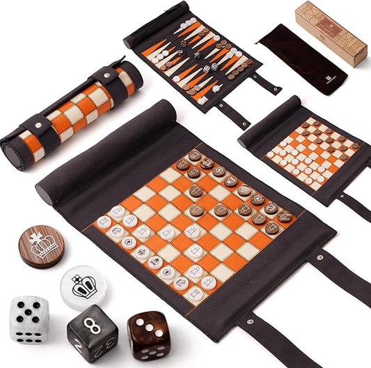 Woodronic 3 in 1 Travel Chess Checkers Backgammon Set, Roll-up Leather Backgammon Game Set with 32 Pearl Textured Pieces and 5 Dices, Portable Travel Strategy Board Game Set for Adult, Navy Blue