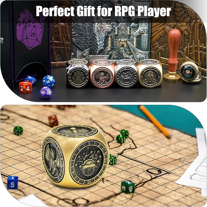 DND Spinner Dice, 7 in 1 Unique Metal Dice Set with 3D Relief for Dungeons and Dragons Gifts, Cool Polyhedral Role Playing Game Dice, Fantasy D&D Tabletop RPG Accessories for DM & Player (Bronze)