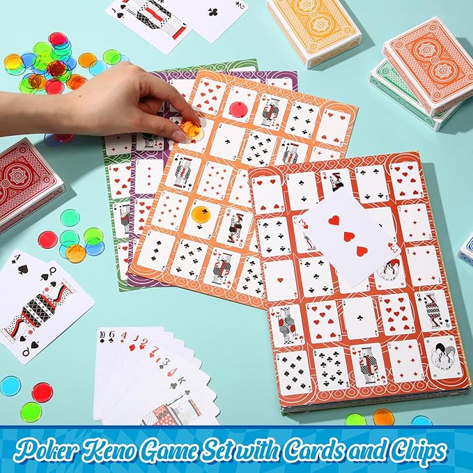 Zubebe 642 Pack Poker Keno Game Set, 36 Two-Sided Boards, 600 Transparent Scoring Chips, 6 Deck of Multicolor Playing Cards, Poker Bingo Set Keno Board Game for Gathering Activity Family Casino Night