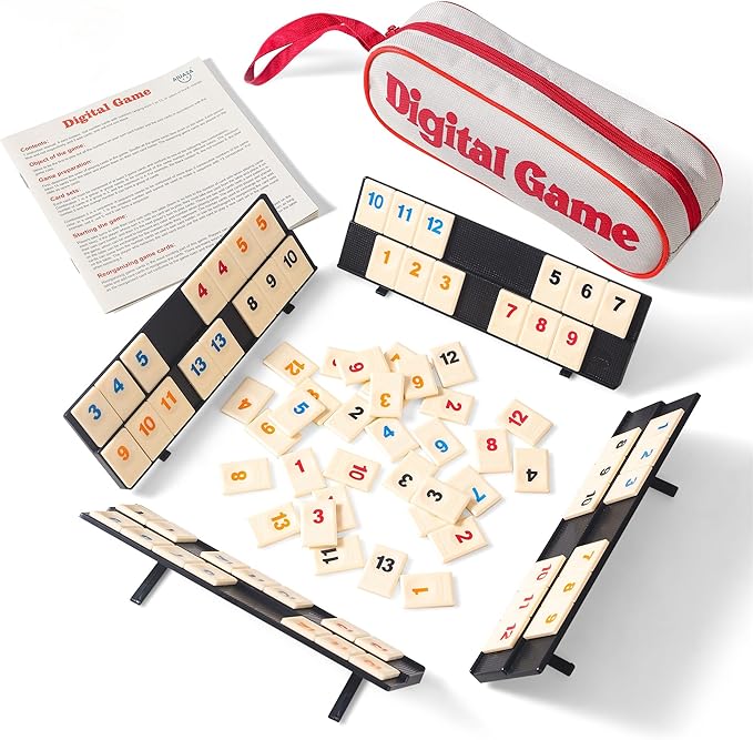 Rummy Cube Game with Portable Bag, Mini Rummy Cube Game for Adult and Kids,106 Tiles, Playing Rack，Travel Set with 4 Tiles Holders for Family Classic Board Games (Travel Edition 2-4 Players)
