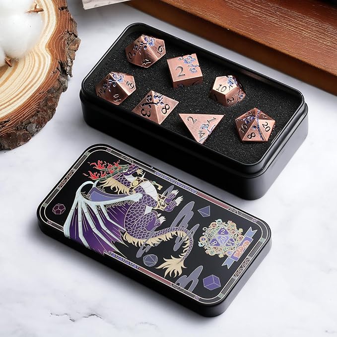 DNDND Metal Dice, 7 PCS Heavy Solid Metallic Flower DND Dice Set with Gorgeous Gift Case for D&D Dungeons and Dragon Tabletop Game (Ancient Copper)