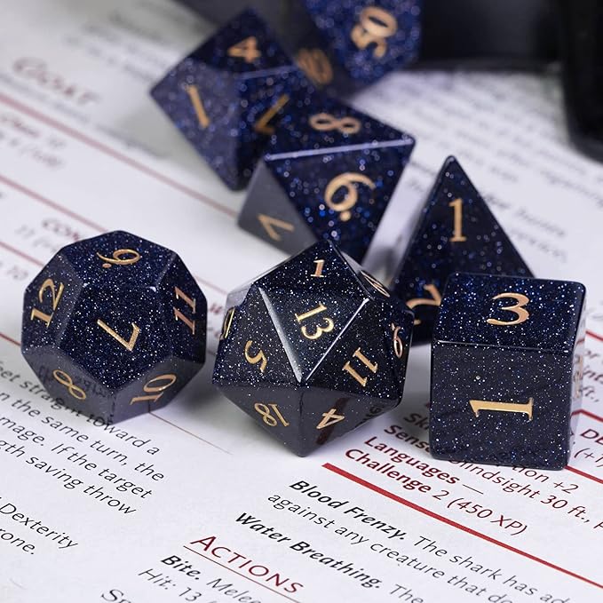 UDIXI Stone D&D Dice Set 7PCS Blue Sandstone Gemstone DND Dice with Leather Gift Box for Dungeons and Dragons Role Playing Game and Other Tabletop Games