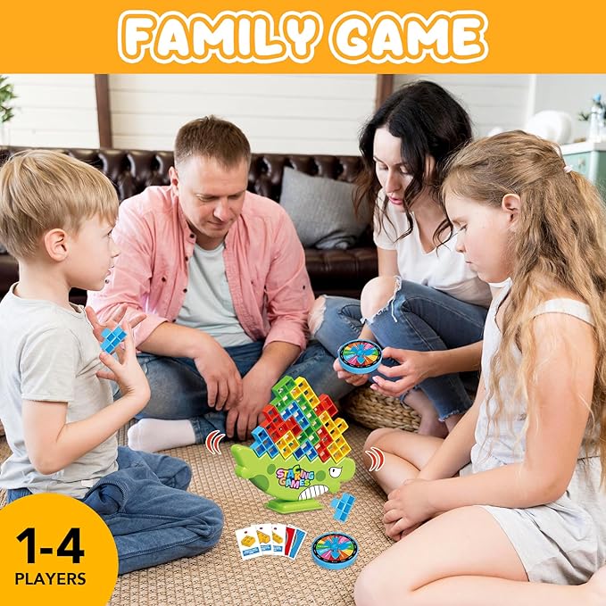 iYuePeng 48Pcs Dinosaur Stack Attack Building Balance Game, Swing Stack Board Game with Cards for Kids Age 3+, Drop The Pile of Blocks Toys for Kids & Adult, 2 Players, Family, Parties, Travel