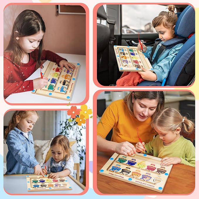 Magnetic Color and Number Maze, Montessori Toys for 3+ Year Old, Wooden Puzzle Activity Board, Toddler Counting Maze Toys for Boys Girls Preschooler 3 4 5 Years Old Gift(Ice Cream)