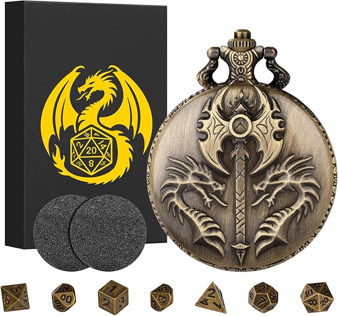 Mini DND Dice Set with Double Headed Dragon(Top Double-Sided Axe) Pocket Watch Case, 7-PCS Polyhedral Metal D&D Dice, DND Gifts with Gift Box, Role Playing Game Board Game Accessories Dice, Bronze