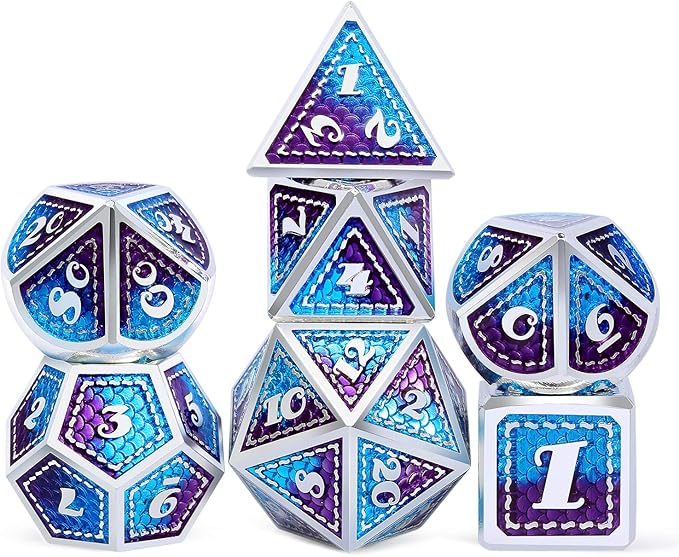 Dragon Scale Metal Dice Set D&D, DNDND 7 PCS Metallic Dungeons and Dragons with Gift Metal Case DND Dice (Blue and Purple with Silver Edge)