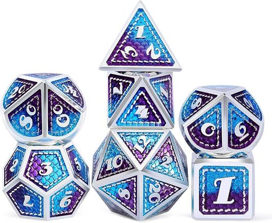 Dragon Scale Metal Dice Set D&D, DNDND 7 PCS Metallic Dungeons and Dragons with Gift Metal Case DND Dice (Blue and Purple with Silver Edge)