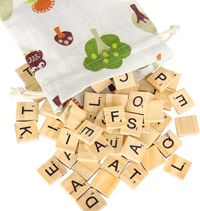 PINOWU 200pcs Wooden Letter Tiles for Scrabble Crossword Game Wood Scrabble Letters Replacement for DIY Craft Gift Decoration Scrapbooking and Making Alphabet Coaster