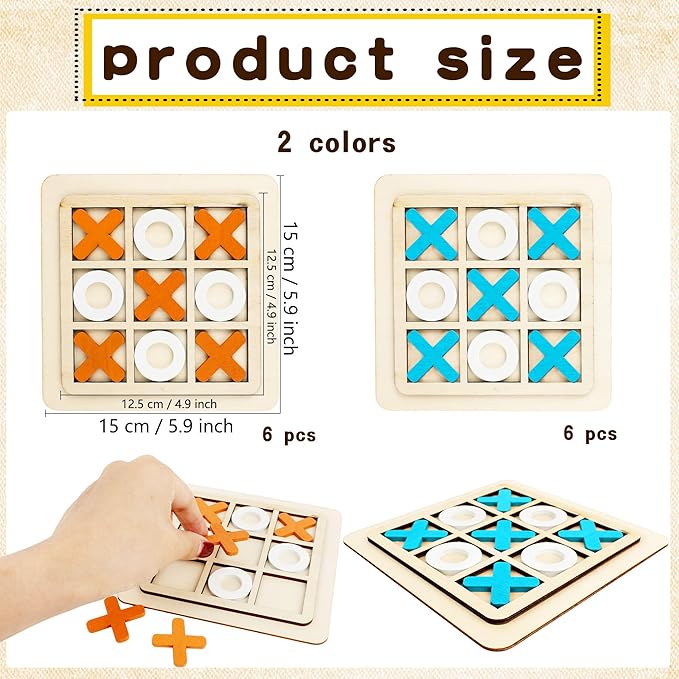 12 Pack Wooden Tic Tac Toe Games Wood Tic-Tac-Toe Bulk XO Table Chess Board Game for Boys Girls Family Activities Educational Toys Birthday Party Favors