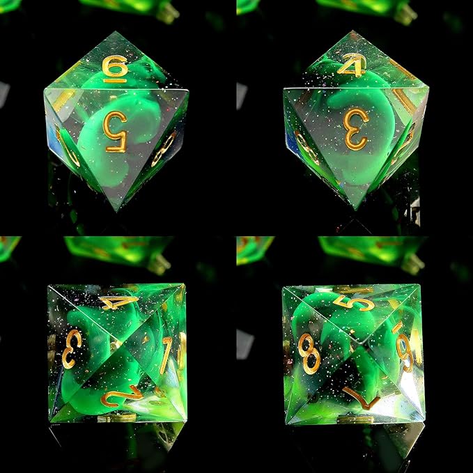 Haxtec Glitter DND Dice Set Sharp Edge Dice with Dice Case Handmade Green Resin D&D Dice Set for TTRPGs Dungeons and Dragons Gifts