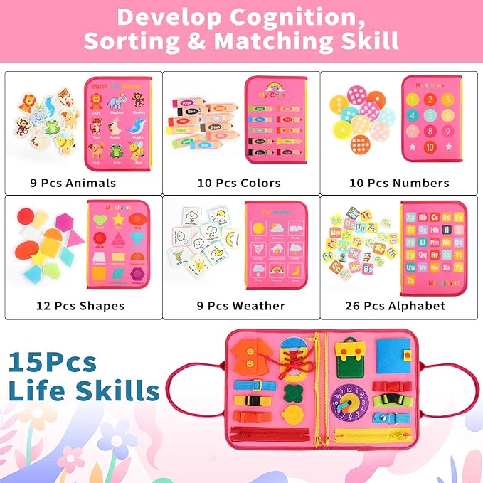 Busy Board for Toddlers Montessori Toys for 2 Years Old Girl Birthday Gift, 7 in 1 Preschool Learning Activities Toddler Travel Toys for Ages 1-4 with Life Skill, Car Ride Toys for Toddlers 1-3
