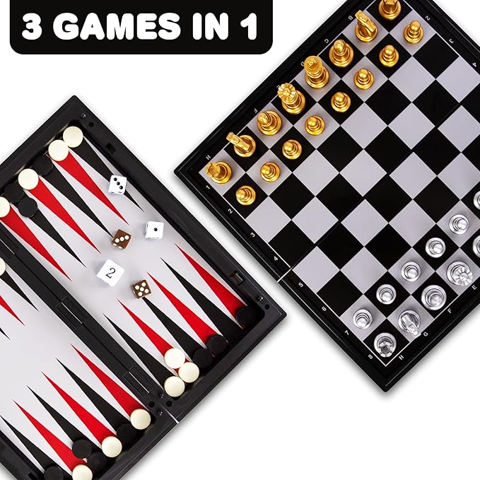 Gamie 3 in 1 Magnetic Travel Chess Set - Portable Chess, Checkers, Backgammon Set - 9 Inch Magnetic Chess Board for Road Trips - Travel Games for Kids and Adults - Gift Idea for Ages 3 and Up