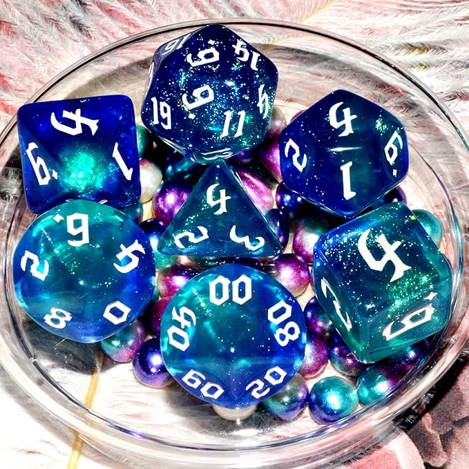 Galaxy Dice Set| Dark Blue Mix Cyan Crystal DND Dice Set for Board Game