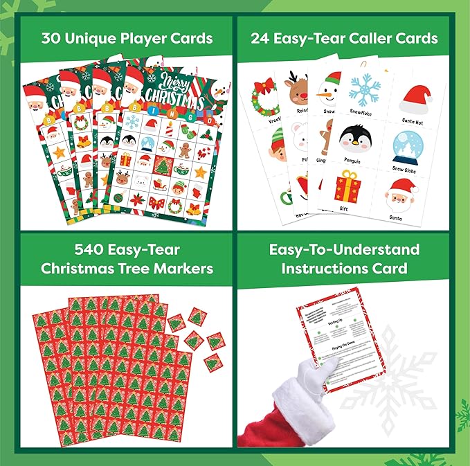 Christmas Bingo Game for Kids, Adults & Large Groups - 30 Players - Fun & Exciting Christmas Games for Family Party, Classroom Party - Reusable Christmas Bingo for Kids Christmas Party Games for Kids
