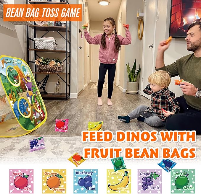3-in-1 Dinosaur Toss Games for Kids Ages 4-8, Outdoor Outside Toddlers Toys for 2 3 4 5 Years Old Boy Gifts Birthday Valentines Easter Christmas, 6 Fruit Bean Bags, 2 Axes Throwing, 6 Sticky Balls