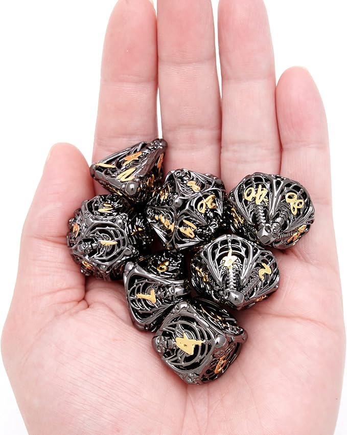 Hollow Metal DND Game Dice Black and Gold Numbers 7Pcs Set for Dungeons and Dragons RPG MTG Table Games D&D Pathfinder Shadowrun and Math Teaching (with Metal Case)