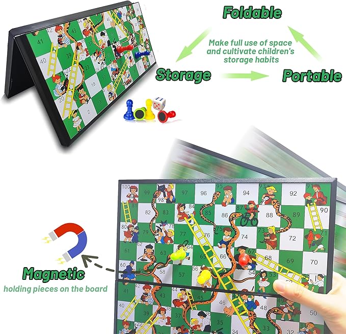 KIDAMI Magnetic Snakes and Ladders Board Game Set, Folding Portable Design, Family Travel Game Set Gift for Kids and Adults (11.2 inch x 11.2 inch)