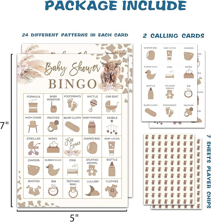 Cow Baby Shower Bingo Card Game for Adults, Cow Baby Shower Party Supplies, Favors, Gender Reveal Party Decorations, 24 Players Bingo Game, C11
