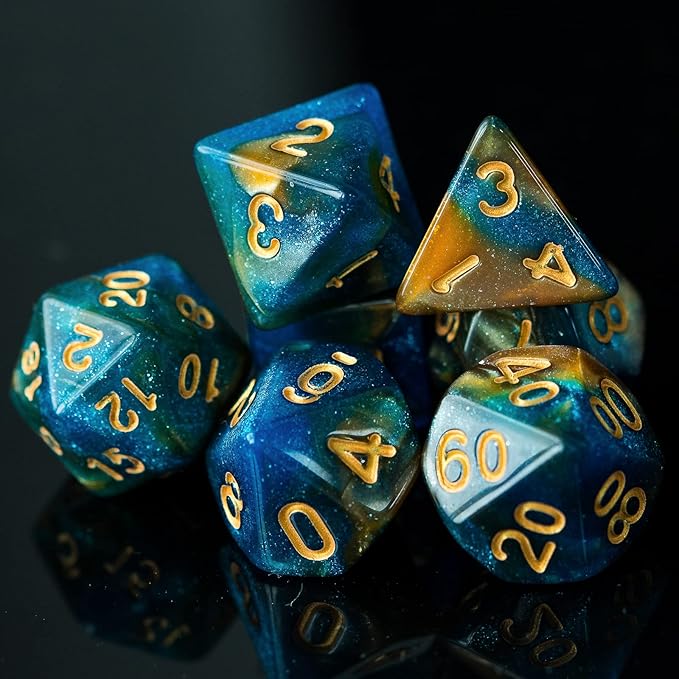 7-Die DND Dice Set Polyhedral Dice Set with a Leather Dice Bag, D&D Dice Set for Dungeons and Dragons, RPG, MTG Table Games (Blue Yellow/Glitter)