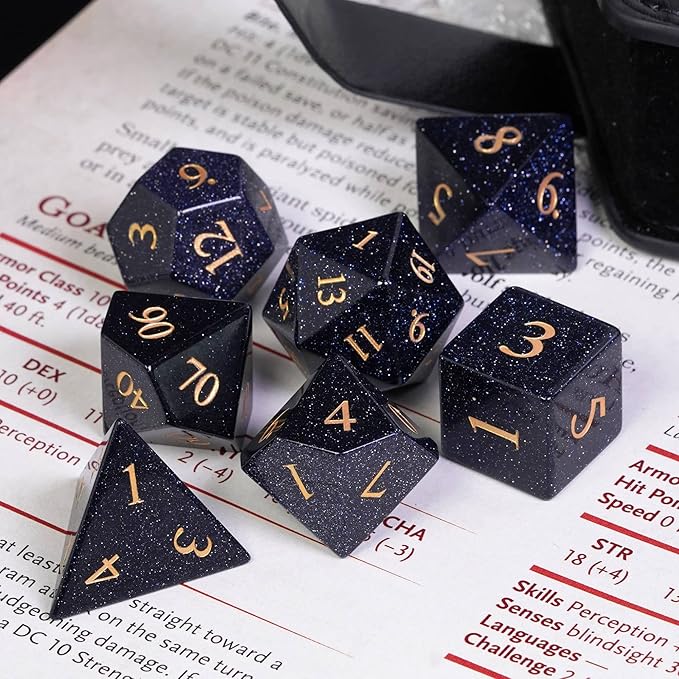 UDIXI Stone D&D Dice Set 7PCS Blue Sandstone Gemstone DND Dice with Leather Gift Box for Dungeons and Dragons Role Playing Game and Other Tabletop Games