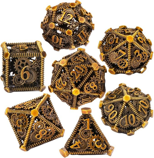 DND Metal Dice Set, UBEUCK 7PCS Gear Metal DND Dice Set for Dungeons & Dragons Board Games Boxes (Gear Ancient Golden)
