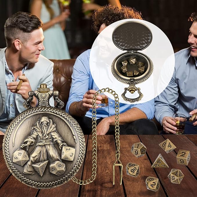 Mini DND Dice Set, Hand Held Dice Wizard Pocket Watch Shell Case, 7 Piece Polyhedral Metal D&D Dice Set, DND Gifts with Gift Box, Role Playing Board Game Accessories, Bronze