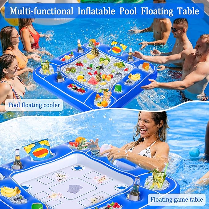 Pool Inflatable Game Table with Waterproof Playing Cards(35.5 inches×35.5 inches,Blue/White)