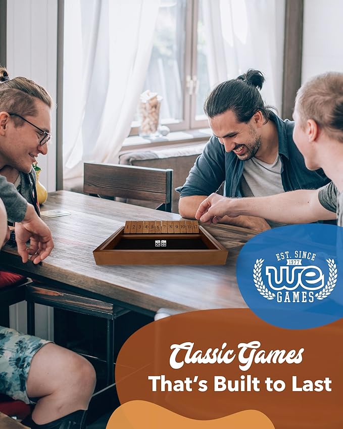 WE Games Wooden Shut The Box - Close The Box Set with 12 Number Tiles & 2 Dice Games - 13.5” Walnut Stained Finish