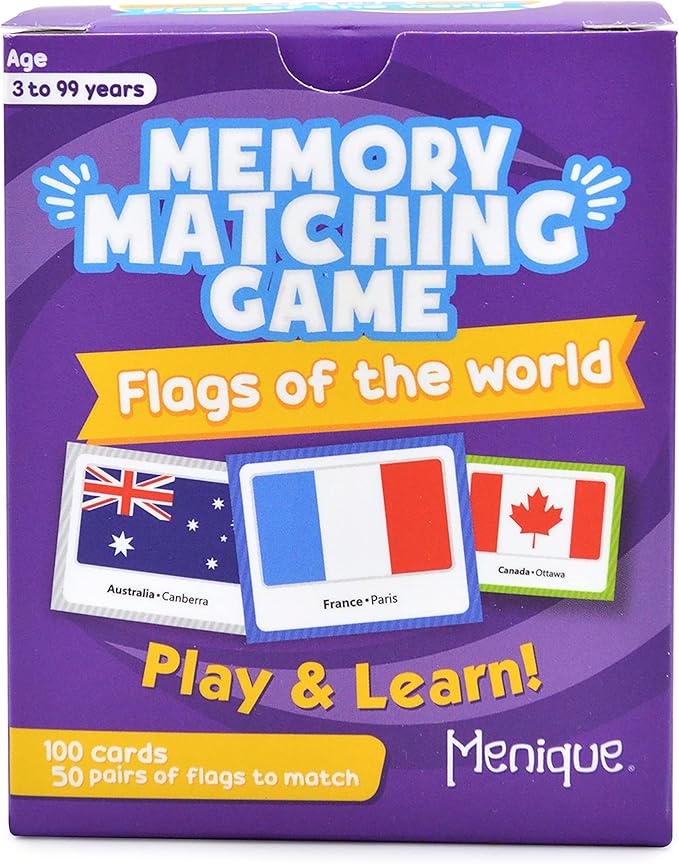 Menique Flags of The World Memory Matching Game – 100 Cards, 50 Countries to Match – Educational & Fun for Kids and Adults – Color-Coded by Continent – Learn Flags, Capitals, and Geography