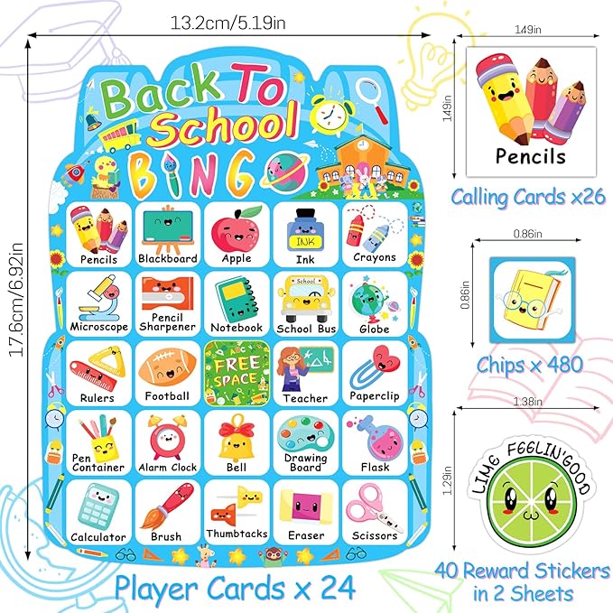 Back to School Bingo Games for Family Kids Party Games Gifts 24 Players School Bingo Cards Set First Day of Classroom Activities