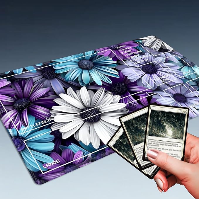 MTG Playmat Size 23.6x13.8in with Storage Bags Portable Playmat TCG and Board Game Mat for Cards Rubber Base Slip-Resistant Mousepad Desk Mat (Floral Daisy,with Zone)