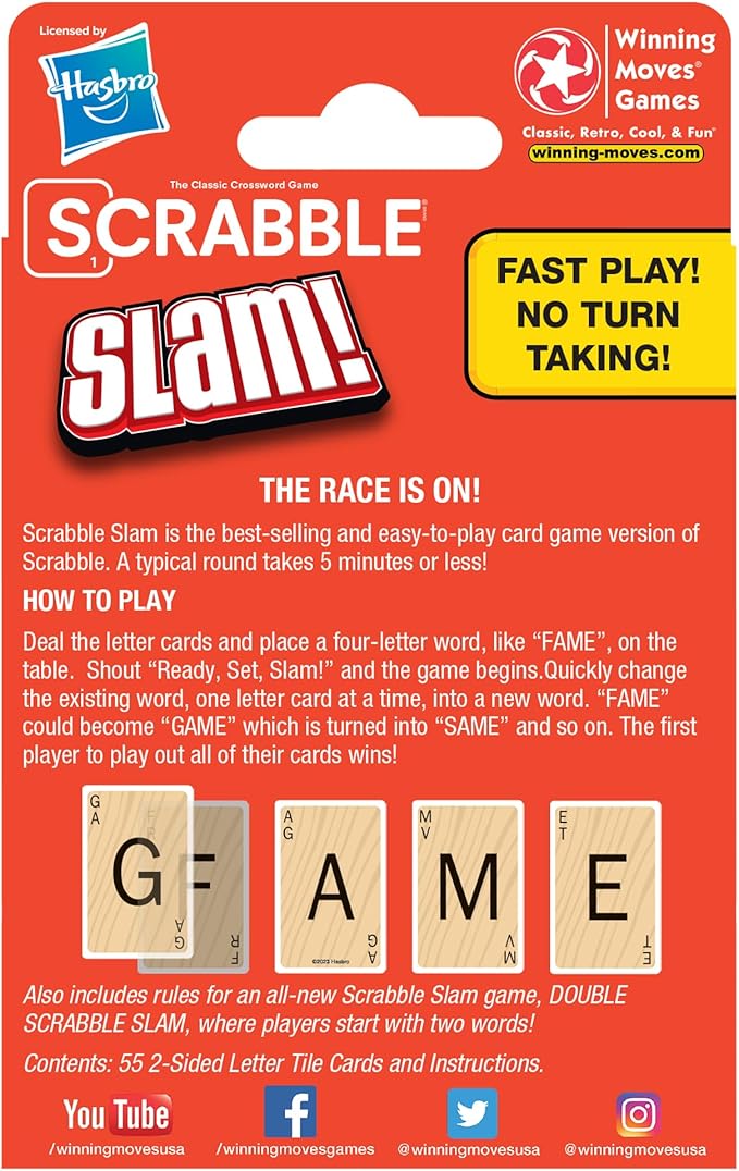 Winning Moves Scrabble Slam The Original 2000's Mega Hit Scrabble Card Game Games USA, Fast-Paced Card Game Version of Scrabble, for 2 to 4 Players, Ages 8+, Red