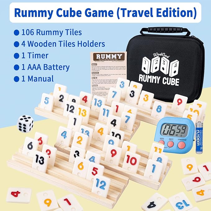 4 Player Travel Rummy Cube Game Set, Travel Size Rummy Cube Game, Mini Rummy Cube Game with 106 Mini Tiles,4 Racks,1Timer,1 Portable Case for Family Classic Party Game