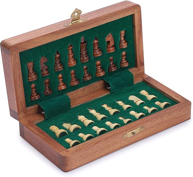 Ajuny Magnetic Travel Chess Set - Handcrafted Acacia Wood, Foldable Board with Elegant Storage Ages