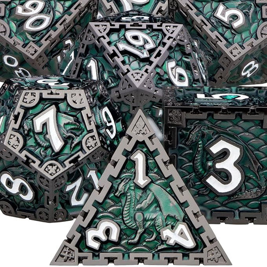ARUOHHA 7pcs DND Metal Dice Set Polyhedral RPG Role Playing Game D and D Dice with Gift Box, D20 D12 D10 D8 D6 D4 (Green)