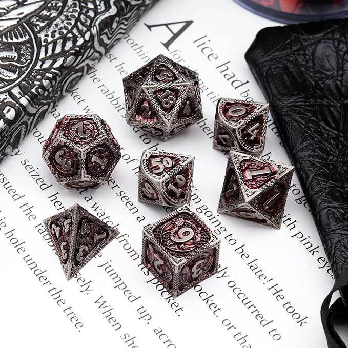 Haxtec DND Dice Set Metal D&D Dice Set with Leather Dice Bag Antique Iron Red Metal Polyhedral Dice for Dungeons and Dragons TTRPG Gifts