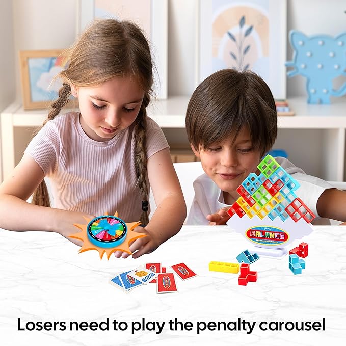 iYuePeng 16PCS Tetra Balance Tower Drop Game Fun Stacking Blocks with Storage Box & Wheel Spinner Balancing Interactive Board Games for Kids Age3+ Perfect for Family Game Night, Classroom