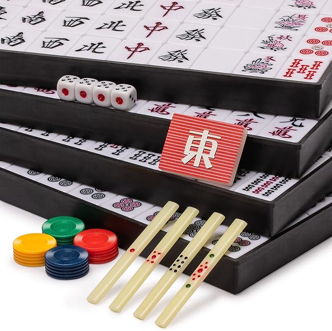 Yellow Mountain Imports Japanese Riichi Mahjong Set - Large White and Green Tiles, Vinyl Case - Includes East Wind Tile, Betting Sticks, and Dice