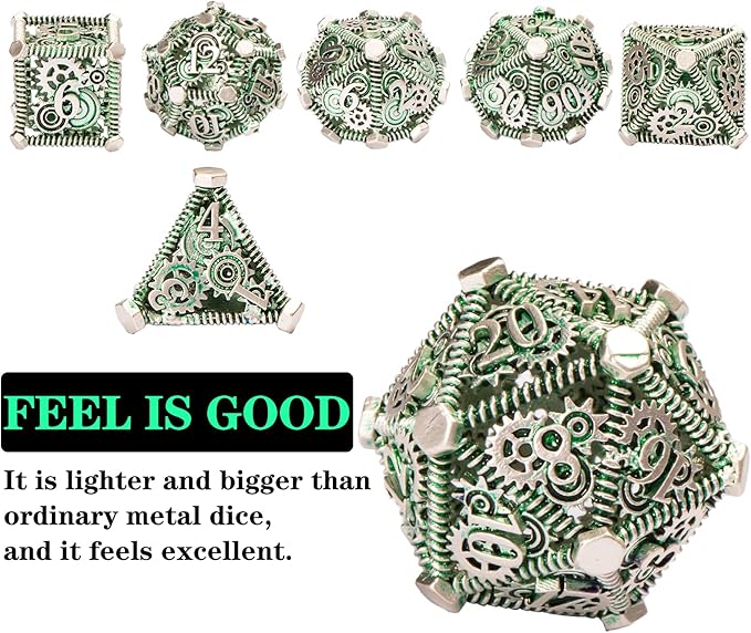 DND Metal Dice Set, UBEUCK 7PCS Gear Metal DND Dice Set for Dungeons & Dragons Board Games Boxes(Gear Green)