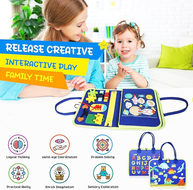 Busy Board for Toddlers 1-4, Montessori Toys with 6 Pages, Blue