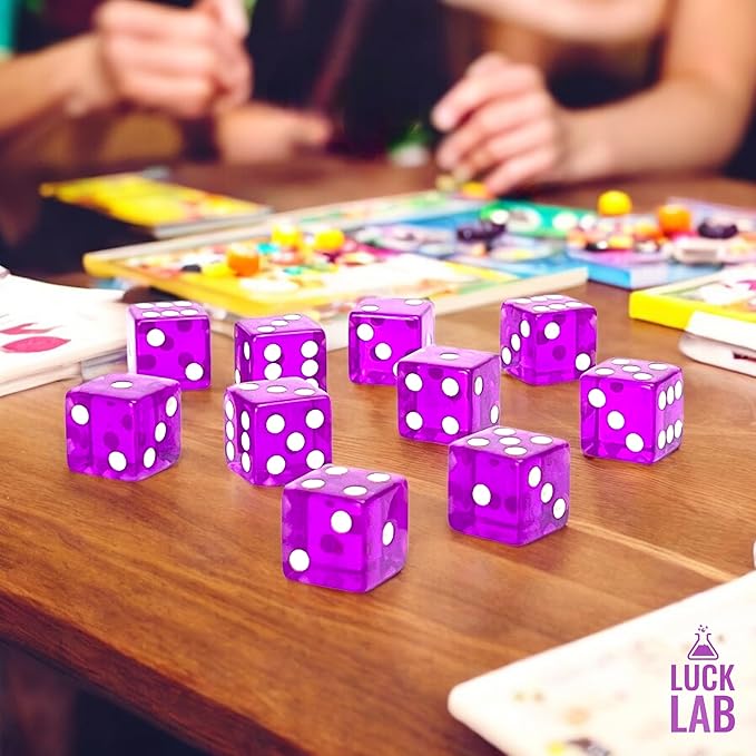 Luck Lab 10 Piece 19 mm Dice Pack - Acrylic and Translucent D6 Dice, Square w/Rounded Edge for Casino, Craps, RPG MTG DND Dice Table Games and Board Games (Purple)