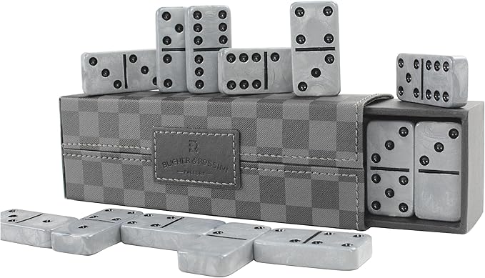 Dominos Set for Adluts - Double 6 Jumbo Domino Set - 28 Thick Marbleized Black and Gray Tiles - Dominoes Set for Adults and Kids, Classic Board Game for Family Nights & Travel (Black & Grey Case)
