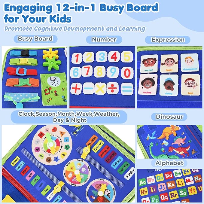 Busy Board for Toddlers Boys Girls Montessori Toys for 1 2 3 4 Year Old, Busy Book Preschool Learning Activities with Alphabet Number, Animal Travel Toys Birthday Gifts for Plane Car Motor Skills