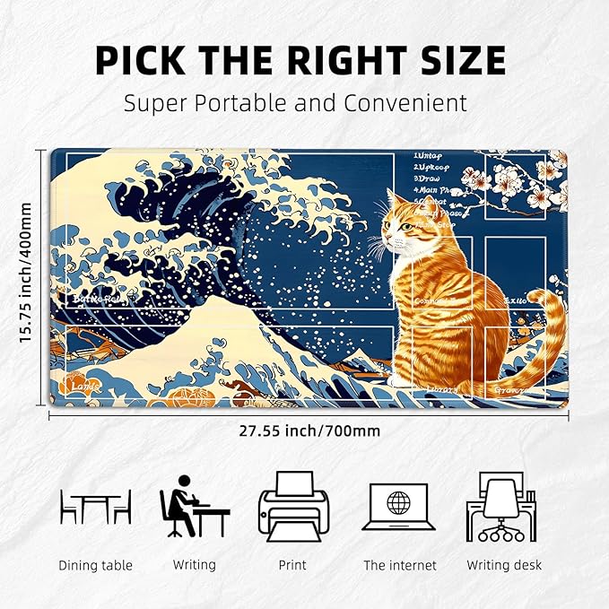 for MTG Playmat with Zones Storage Bag,for TCG Playmat and Playing Card Mat for Magic Board Games, Cat Wave Non Slip Stitched Edges Game Mat, Rollable Foldable Card Playmats