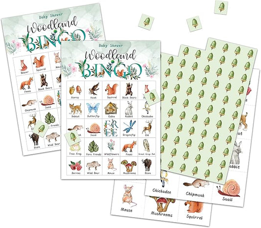 Woodland Bingo Cards, Baby Shower Party Activities, Woodland Animals Theme Game for 24 Players, Gender Reveal Bingo Game Cards, Woodland Party Favors Supplies Decorations(A04)