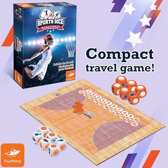 FoxMind Games: Sports Dice Basketball - Throw The Ball On Net & Dunk to Win, Rolling Board Game, Fun & Easy to Learn, Family-Kids Ages 8+ 2-4 Players