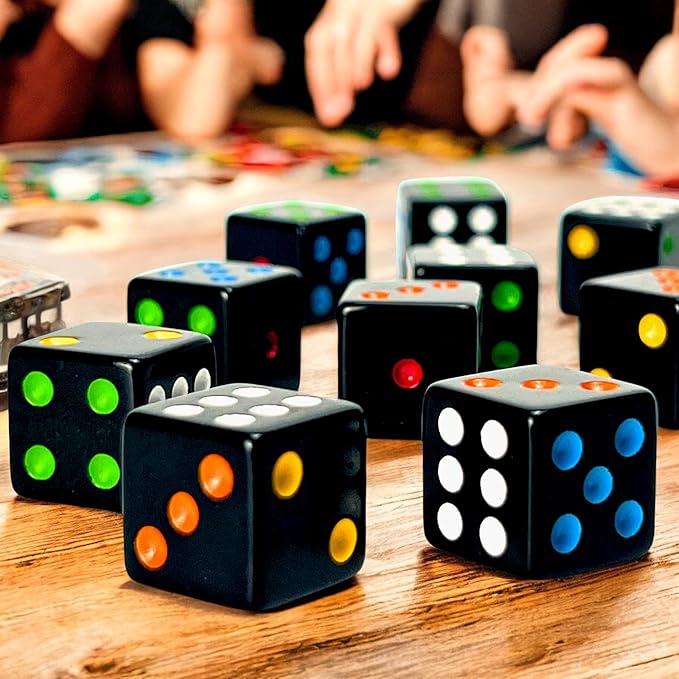 Luck Lab 10 Piece D6 Multicolor Pip Dice Pack - Acrylic 16mm Square Edge Standard Dice for RPG MTG DND Table Games and Board Games, Storage Bag Included (Black Multicolor)